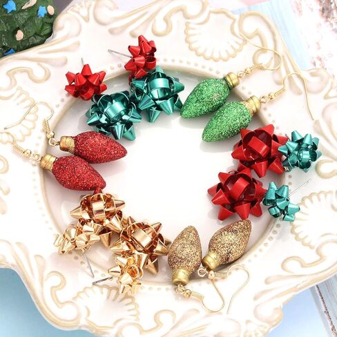 6pairs Christmas Drop Earrings Xmas Present Bow Earrings Glitter Light Bulb Dangle Earrings Christmas Jewelry Holiday Stud Earrings for Women Girls in Kuwait