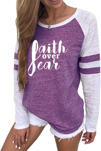 shifeier Women's Letters Printed T-Shirt Long Sleeves Faith Over Fear Tee Tops in Kuwait