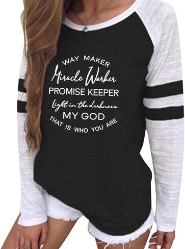 shifeier Women's Letters Printed T-Shirt Long Sleeves Faith Over Fear Tee Tops in Kuwait