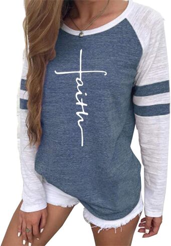 shifeier Women's Letters Printed T-Shirt Long Sleeves Faith Over Fear Tee Tops in Kuwait