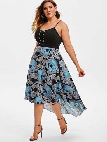 Rosegal Womens Plus Size Gothic Grommet High Low Floral Skull Dress Halloween Dress in Saudi Arabia