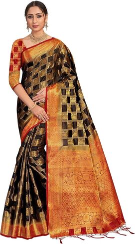 الساري الهندي للنساء من باناراسي آرت الحرير المنسوج ساري | ساري هندي تقليدي هدية زفاف ديوالي مع بلوزة غير مخيطة in Kuwait