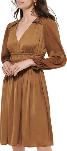 Tommy Hilfiger Women's Fit and Flare Woven Long Sleeve V-Neck Dress in Saudi Arabia