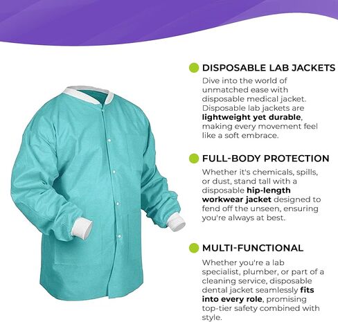 AMZ Medical Supply Teal Disposable Lab Coats for Adults, Small. Pack of 10 Disposable Lab Coat 45 GSM SMS. Disposable Coats Medical. Adult Lab Coat Disposable with Knitted Cuffs, Collar, 3 Pockets in Kuwait
