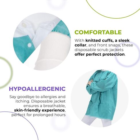 AMZ Medical Supply Teal Disposable Lab Coats for Adults, Small. Pack of 10 Disposable Lab Coat 45 GSM SMS. Disposable Coats Medical. Adult Lab Coat Disposable with Knitted Cuffs, Collar, 3 Pockets in Kuwait