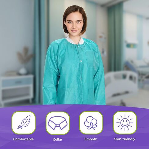 AMZ Medical Supply Teal Disposable Lab Coats for Adults, Small. Pack of 10 Disposable Lab Coat 45 GSM SMS. Disposable Coats Medical. Adult Lab Coat Disposable with Knitted Cuffs, Collar, 3 Pockets in Kuwait