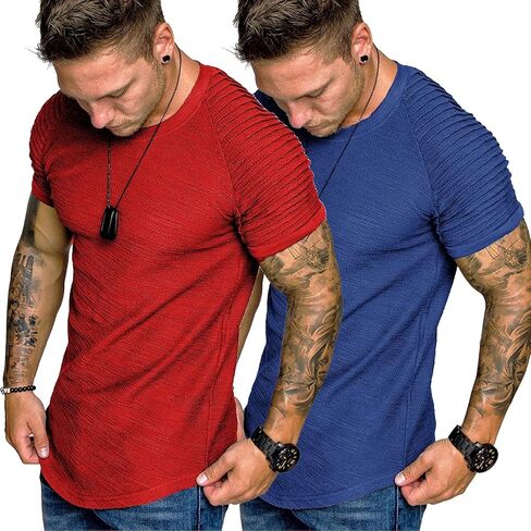 COOFANDY Mens 2 Packs Fitted T-Shirts Pleats Sleeve Muscle Workout Shirt Longline Gym Tee in Kuwait