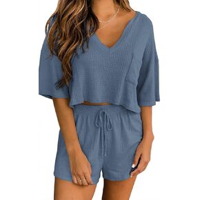 Ezbelle Women's V Neck Waffle Knit Pajamas Set Short Sleeve Crop Tops with Shorts 2 Piece Outfit Lounge Set