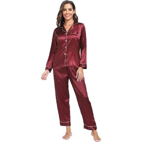 Super Shopping-zone Women's Satin Pajama Set Long Sleeve Pajamas Button Down Pjs Set Silky Sleep Set Sleepwear Loungewear in Saudi Arabia