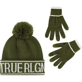 True Religion Beanie Hat and Touchscreen Glove Set, Cuffed Winter Knit Cap with Pom and Touch Screen Mittens, Olive, One Size