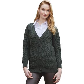 Aran Crafts Women's Irish Cable Knit Soft Buttoned Cardigan (100% Merino Wool)