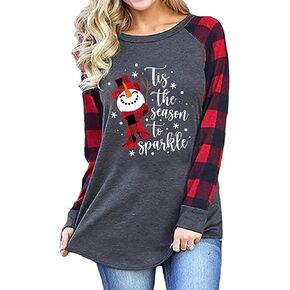 Christmas Sweatshirt T-Shirt for Women Xmas Snowman Raglan Sleeve Plaid Splicing Tee Shirts Tops Blouse
