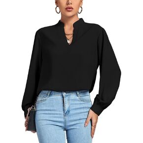LYANER Women's V Neck Shirred Long Sleeve Office Elegant Tunic Blouse Top