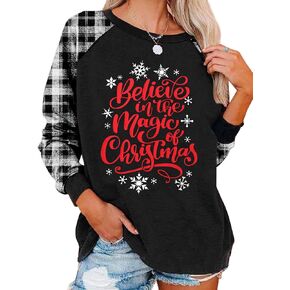 Believe Christmas T-Shirt Women Believe in The Magic of Christmas Plaid Shirt Baseball Raglan Splicing Tee Tops in Kuwait