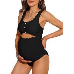 Charmo Maternity One Piece Swimsuit Scalloped Cut Out Ruched High Waisted Scoop Neck Pregnancy Bathing Suit