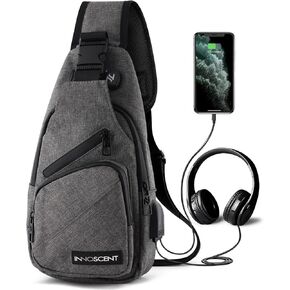 INNOSCENT Smell Proof Sling Bag Backpack - COMBINATION LOCK - Shoulder Crossbody Bag With USB/Headphone Charging Port Black (Light Grey)
