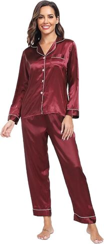 Super Shopping-zone Women's Satin Pajama Set Long Sleeve Pajamas Button Down Pjs Set Silky Sleep Set Sleepwear Loungewear in Kuwait