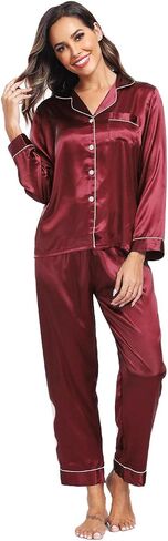 Super Shopping-zone Women's Satin Pajama Set Long Sleeve Pajamas Button Down Pjs Set Silky Sleep Set Sleepwear Loungewear in Kuwait