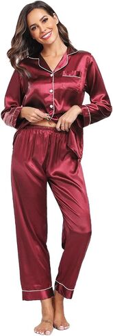 Super Shopping-zone Women's Satin Pajama Set Long Sleeve Pajamas Button Down Pjs Set Silky Sleep Set Sleepwear Loungewear in Kuwait