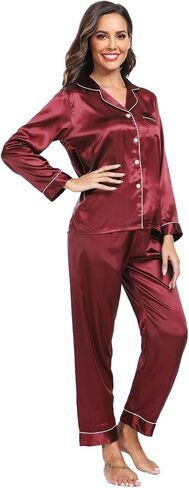 Super Shopping-zone Women's Satin Pajama Set Long Sleeve Pajamas Button Down Pjs Set Silky Sleep Set Sleepwear Loungewear in Kuwait
