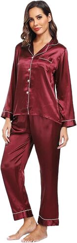 Super Shopping-zone Women's Satin Pajama Set Long Sleeve Pajamas Button Down Pjs Set Silky Sleep Set Sleepwear Loungewear in Kuwait