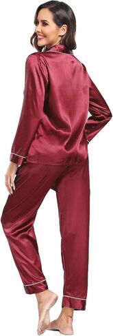 Super Shopping-zone Women's Satin Pajama Set Long Sleeve Pajamas Button Down Pjs Set Silky Sleep Set Sleepwear Loungewear in Kuwait
