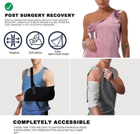 Unisex Post Shoulder Surgery Tank Tops Shoulder Side Full Snap Access Shirt Tearaway Arm Chest Rotator Cuff Recovery Clothing in Kuwait