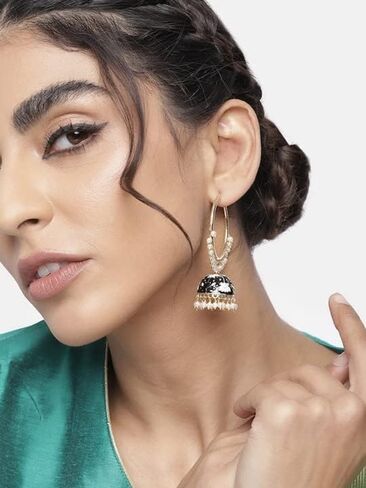أقراط Jhumki من I Jewels مطلية بالذهب 18 قيراط هندي بوليوود للحفلات الاحتفالية بالمينا واللؤلؤ للنساء (E2915) in Kuwait