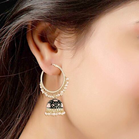 أقراط Jhumki من I Jewels مطلية بالذهب 18 قيراط هندي بوليوود للحفلات الاحتفالية بالمينا واللؤلؤ للنساء (E2915) in Kuwait