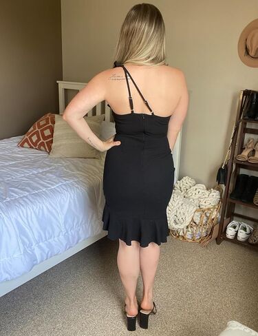 فستان Theenkoln النسائي الأنيق ميدي Bodycon مكشكش بدون أكمام بدون ظهر بحاشية مكشكشة حورية البحر رسمي لحفلات الكوكتيل وحفلات الزفاف والضيف in Kuwait