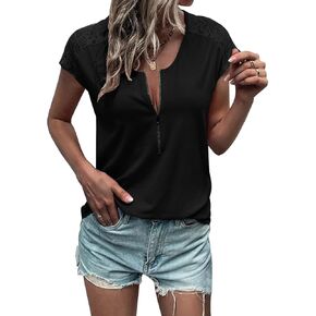 Women Summer Tops Loose Fit Lace Causual Crewneck Short Sleeves T-Shirt