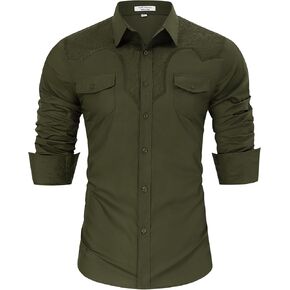 TURETRENDY Men's Western Cowboy Shirt Long Sleeve Embroidered Slim Fit Casual Button Down Shirts with Pockets
