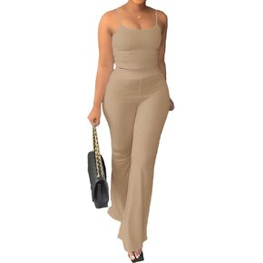 ECDAHICC Women's Two Piece Outfit Jumpsuit Crop Cami Top and High Waist Bell Flare Long Pants Set Sweatsuits Clubwear in Kuwait