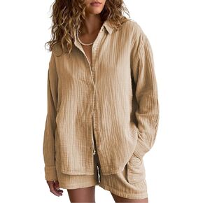 Famulily Womens Casual 2 Piece Lounge Set Button Down Shirts and Drawstring Shorts with Pocket Matching Set