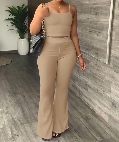 ECDAHICC Women's Two Piece Outfit Jumpsuit Crop Cami Top and High Waist Bell Flare Long Pants Set Sweatsuits Clubwear in Kuwait