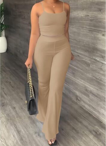 ECDAHICC Women's Two Piece Outfit Jumpsuit Crop Cami Top and High Waist Bell Flare Long Pants Set Sweatsuits Clubwear in Kuwait
