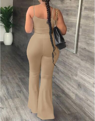ECDAHICC Women's Two Piece Outfit Jumpsuit Crop Cami Top and High Waist Bell Flare Long Pants Set Sweatsuits Clubwear in Kuwait