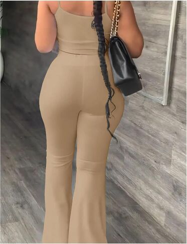 ECDAHICC Women's Two Piece Outfit Jumpsuit Crop Cami Top and High Waist Bell Flare Long Pants Set Sweatsuits Clubwear in Kuwait