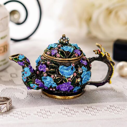 YU FENG Vintage Flower Teapot Trinket Boxes Hinged Collectible Crystals Jeweled Painted Enameled Decorative Jewelry Box in Saudi Arabia