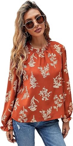 Floerns Women's Floral Print Long Sleeve High Neck Georgette Chiffon Blouse in Kuwait
