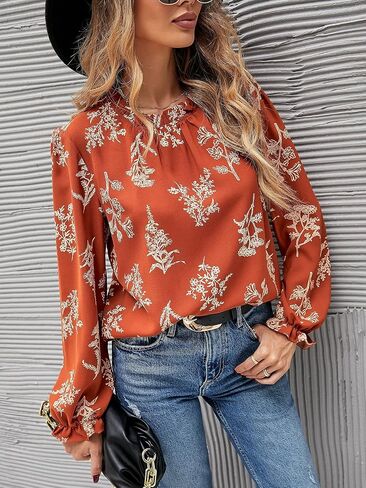 Floerns Women's Floral Print Long Sleeve High Neck Georgette Chiffon Blouse in Kuwait
