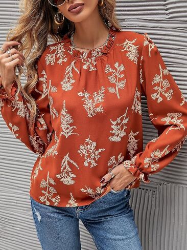 Floerns Women's Floral Print Long Sleeve High Neck Georgette Chiffon Blouse in Kuwait