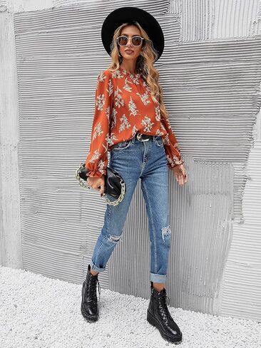 Floerns Women's Floral Print Long Sleeve High Neck Georgette Chiffon Blouse in Kuwait