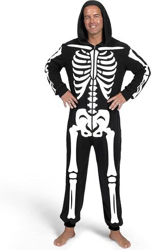إبداعات Spooktacular أزياء الهيكل العظمي للبالغين للرجال بذلة الهيكل العظمي بيجامة بسحاب وقلنسوة بذلة نوم الهالوين in Saudi Arabia