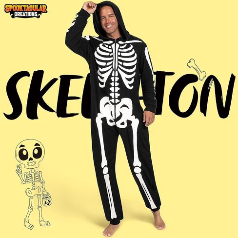 إبداعات Spooktacular أزياء الهيكل العظمي للبالغين للرجال بذلة الهيكل العظمي بيجامة بسحاب وقلنسوة بذلة نوم الهالوين in Saudi Arabia