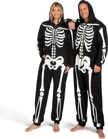 إبداعات Spooktacular أزياء الهيكل العظمي للبالغين للرجال بذلة الهيكل العظمي بيجامة بسحاب وقلنسوة بذلة نوم الهالوين in Saudi Arabia