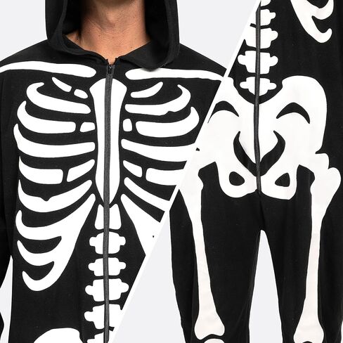 إبداعات Spooktacular أزياء الهيكل العظمي للبالغين للرجال بذلة الهيكل العظمي بيجامة بسحاب وقلنسوة بذلة نوم الهالوين in Saudi Arabia