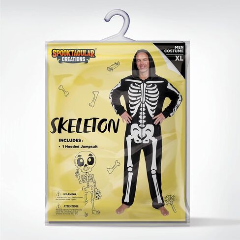 إبداعات Spooktacular أزياء الهيكل العظمي للبالغين للرجال بذلة الهيكل العظمي بيجامة بسحاب وقلنسوة بذلة نوم الهالوين in Saudi Arabia