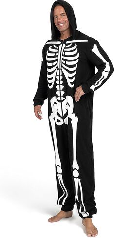 إبداعات Spooktacular أزياء الهيكل العظمي للبالغين للرجال بذلة الهيكل العظمي بيجامة بسحاب وقلنسوة بذلة نوم الهالوين in Saudi Arabia