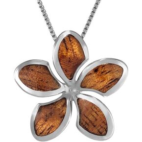 925 Sterling Silver Koa Wood Plumeria Flower Necklace Pendant with 18" Box Chain, Nickel-Free Hypoallergenic for Sensitive Skin, Hawaiian Jewelry for Women